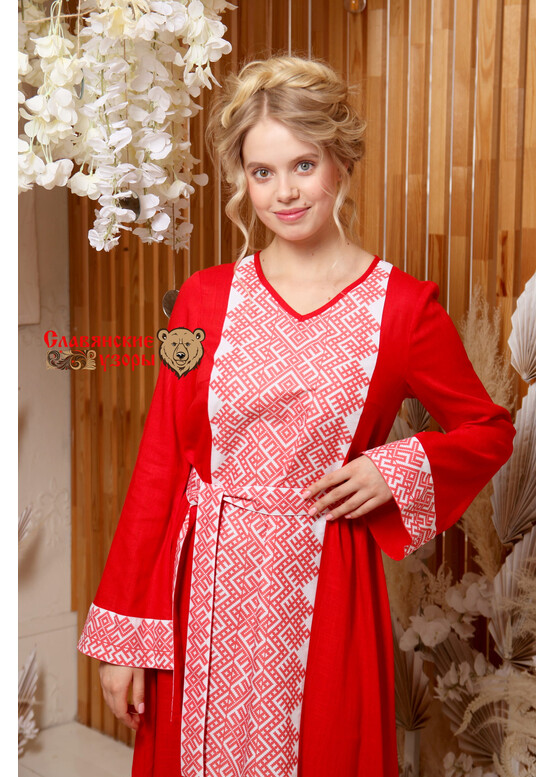 Платье славянское с орнаментами «Царевна-лебедь» красное