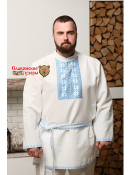 Рубаха мужская традиционная Белый Медведь (с голубым) с воротником
