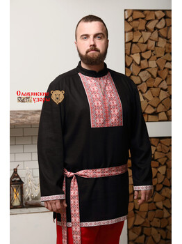 Рубаха мужская в русском стиле Чёрный медведь с воротником
