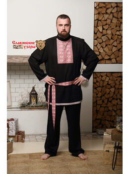 Рубаха мужская в русском стиле Чёрный медведь с воротником