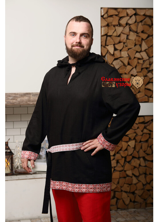 Рубаха мужская традиционная с капюшоном Радомир черная