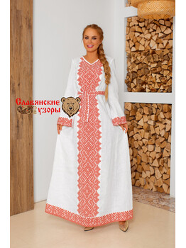 Платье славянское с орнаментами Царевна Лебедь (красно-белое)