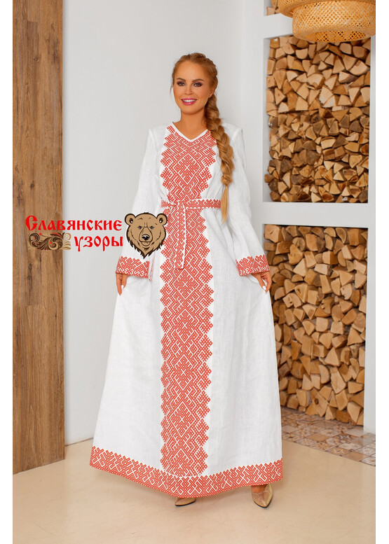 Платье славянское с орнаментами Царевна Лебедь (красно-белое)