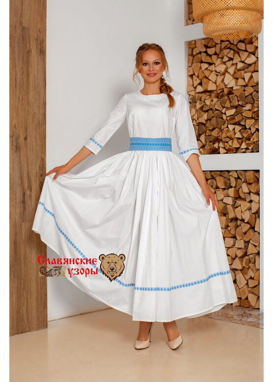 Платье праздничное в пол Надежда белая с голубым