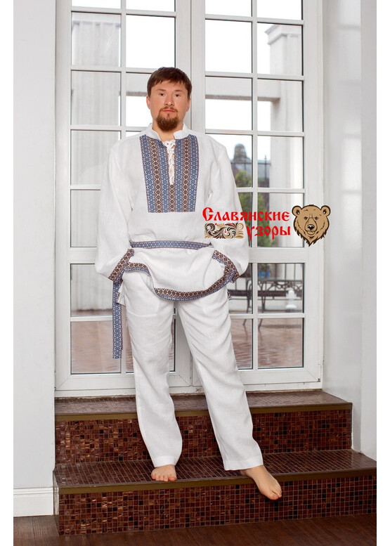 Рубаха мужская традиционная Белый Медведь (с голубым) с воротником