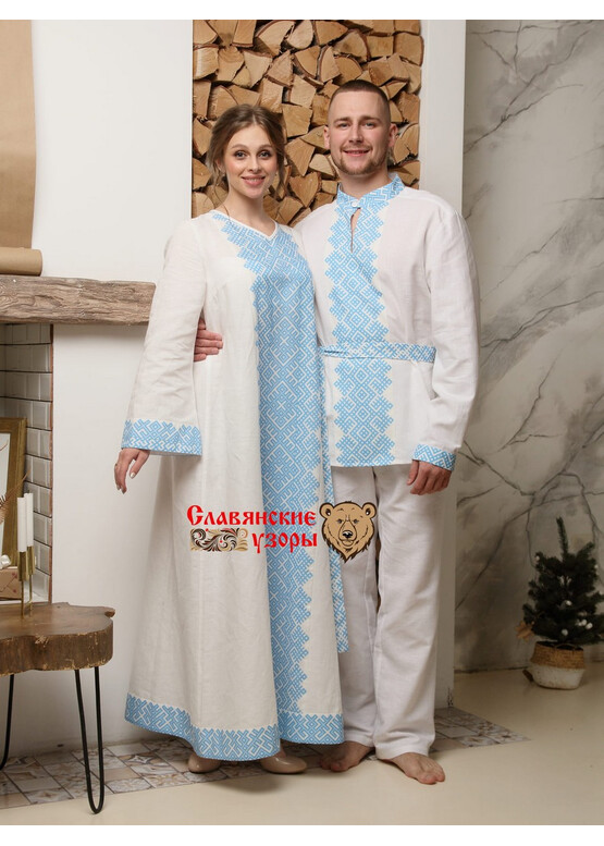 Рубаха мужская традиционная Ясный Сокол белая с голубым