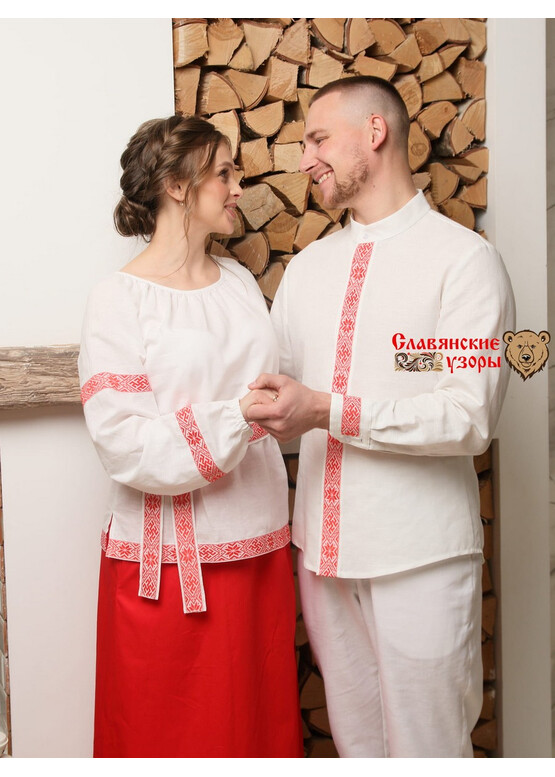 Рубашка Мирослав мужская с красными орнаментами