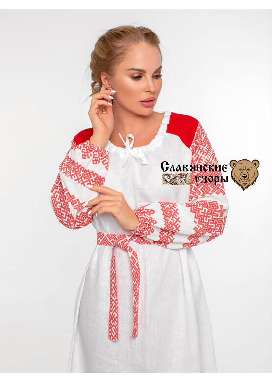 Платье славянское Белые росы с красным